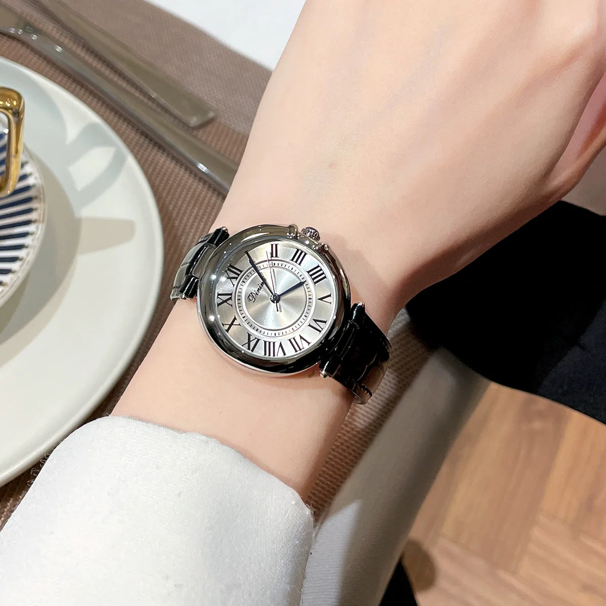 Rosamaria Elegant Quartz Watch - White Silver Black Strap