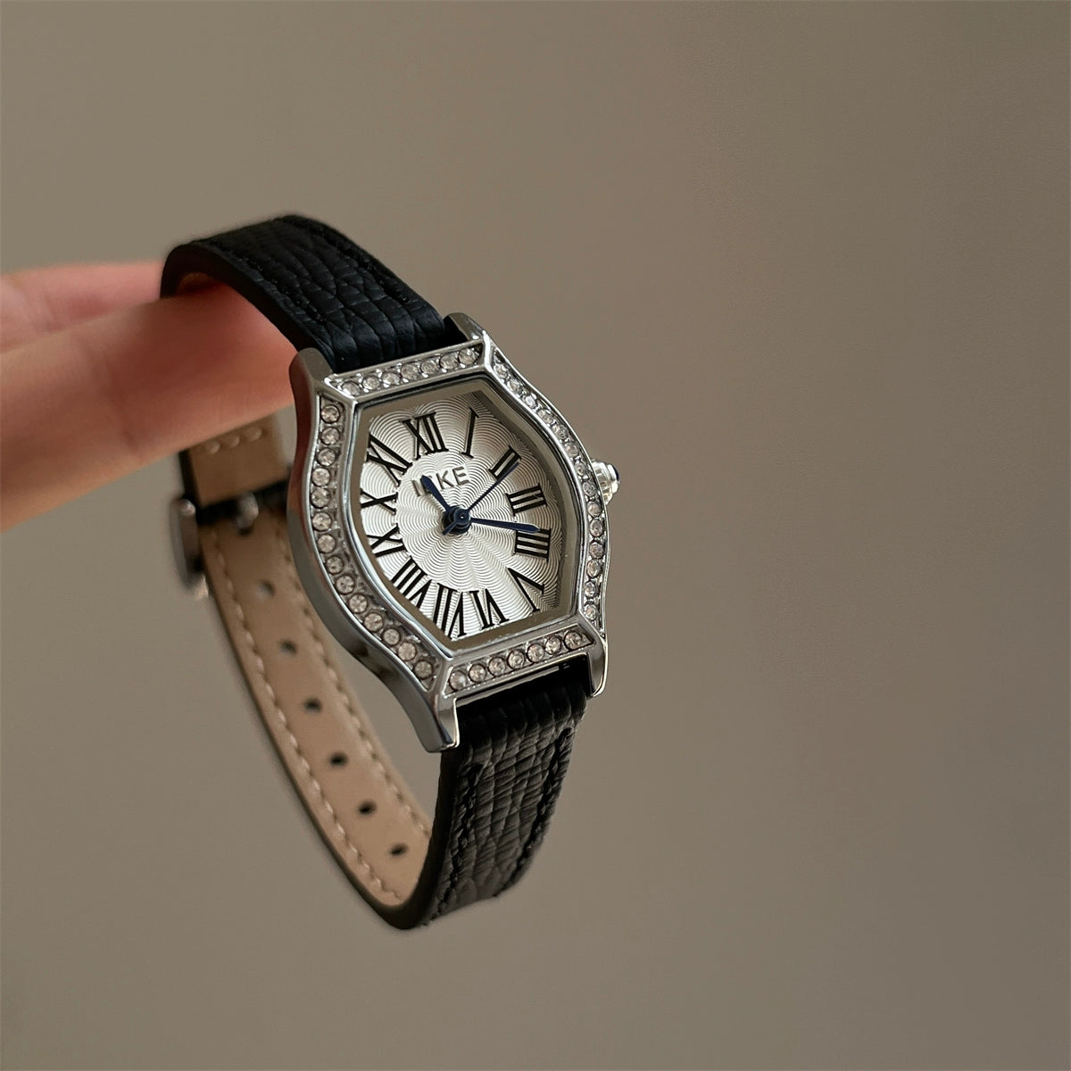 Bristol Embellished Barrel Watch - Black Strap, Silver Case, White Dial [UFVXR9FQ]