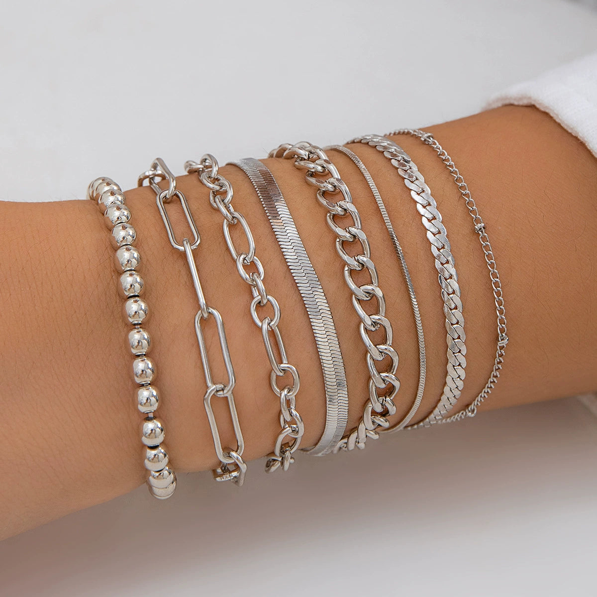 Cattleya Layered Charm Bracelet Set - Silver-tone 8-piece Set (Style 07) [94LVMQBL]