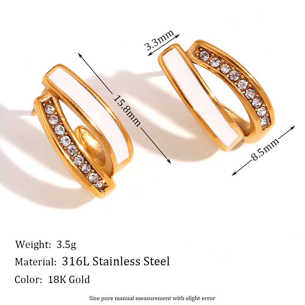 Amberley Hammered Geometric Earrings - Splice Drip Oil Rhinestone Cross U-Shape Earrings - Gold White [SZ15V4ZJ]