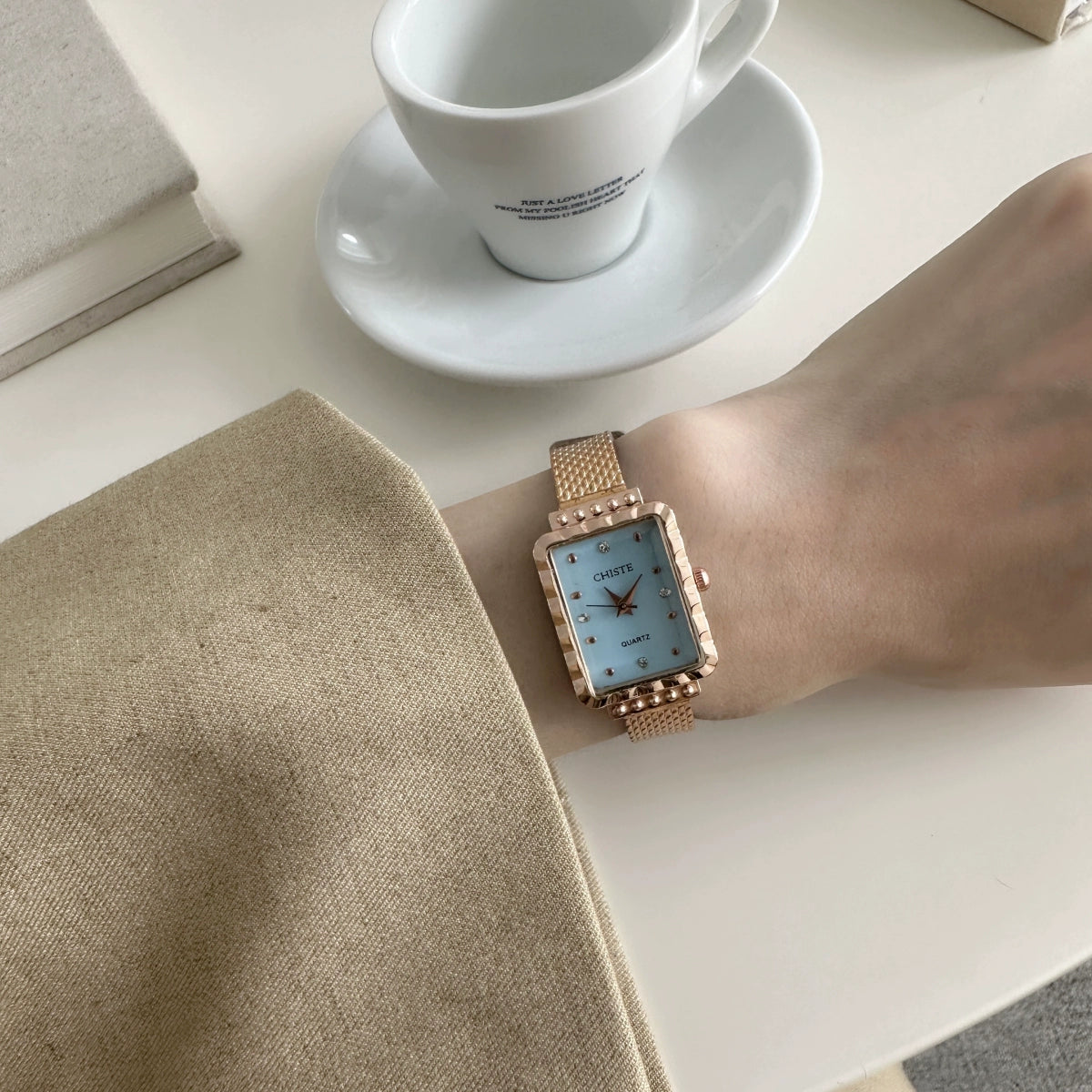 Avarose Elegant Rectangular Watch - Gold Band Blue Dial [0VGRP4SL]