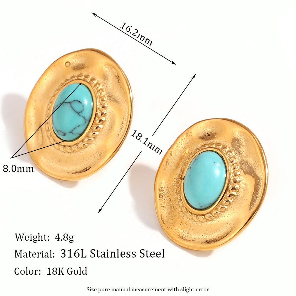 Amberley Hammered Geometric Earrings - Oval Natural Stone Stud Earrings - Gold Turquoise [XN3FXU8Z]