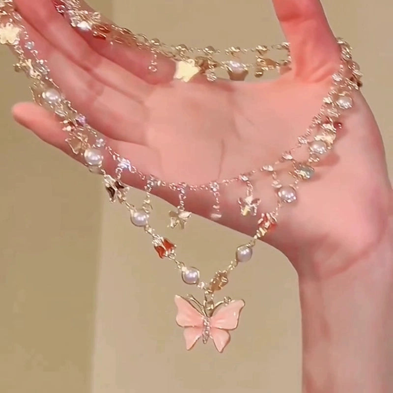 Kyndell Pink Butterfly Layered Necklace - Pink Butterfly Tassel Multi-Layer Necklace [3E36TFCX]