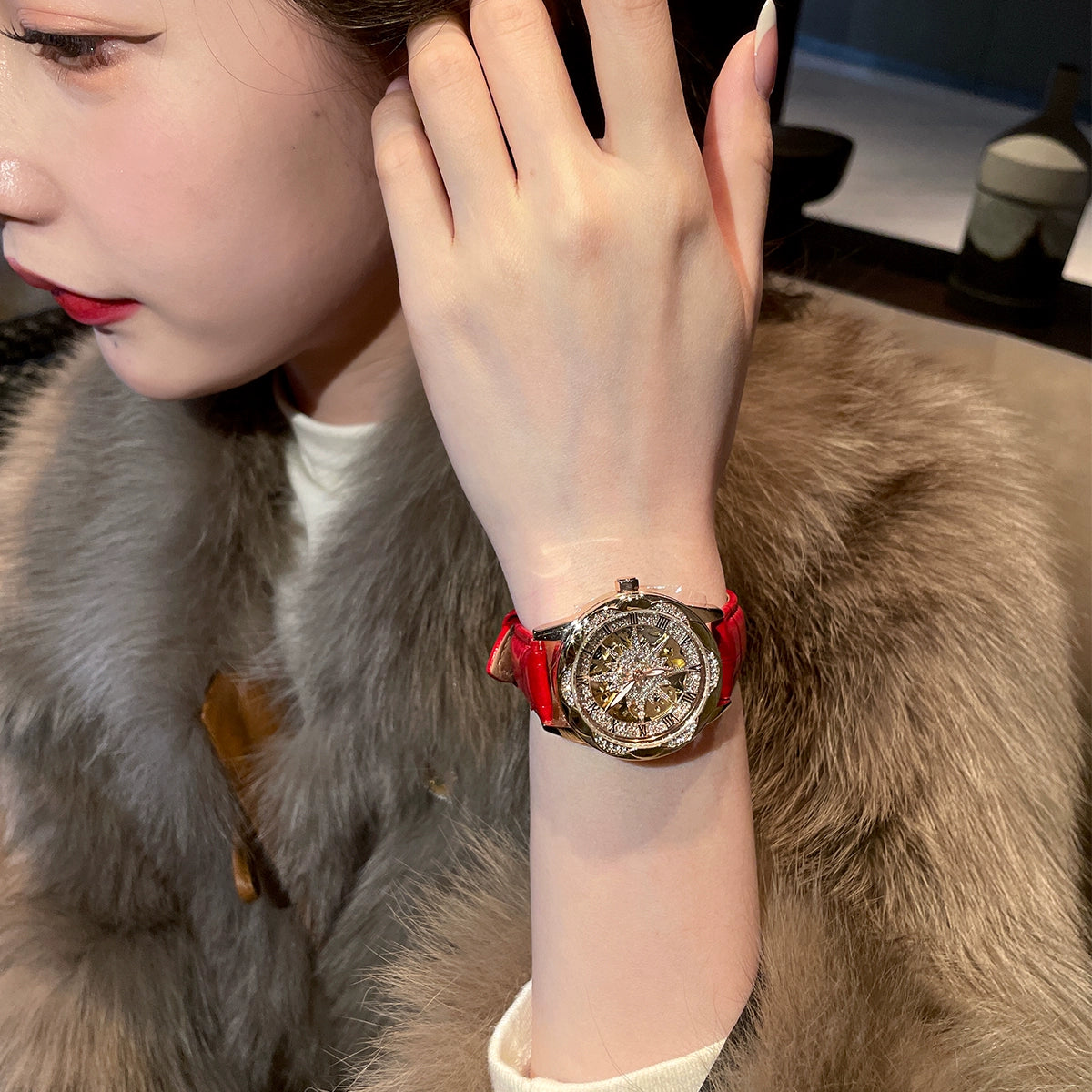 Tristyn Sunflower Mechanical Watch - Rose Gold Dial with Red Leather Strap [Y9FY5XHV]