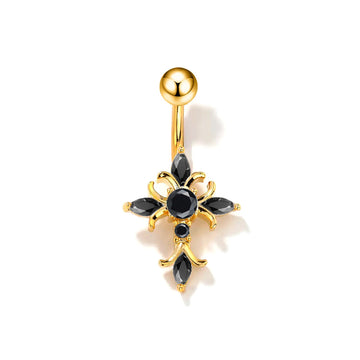Adya Zircon Cross Belly Ring - Black (18k Gold Plated) [Z22S092M]