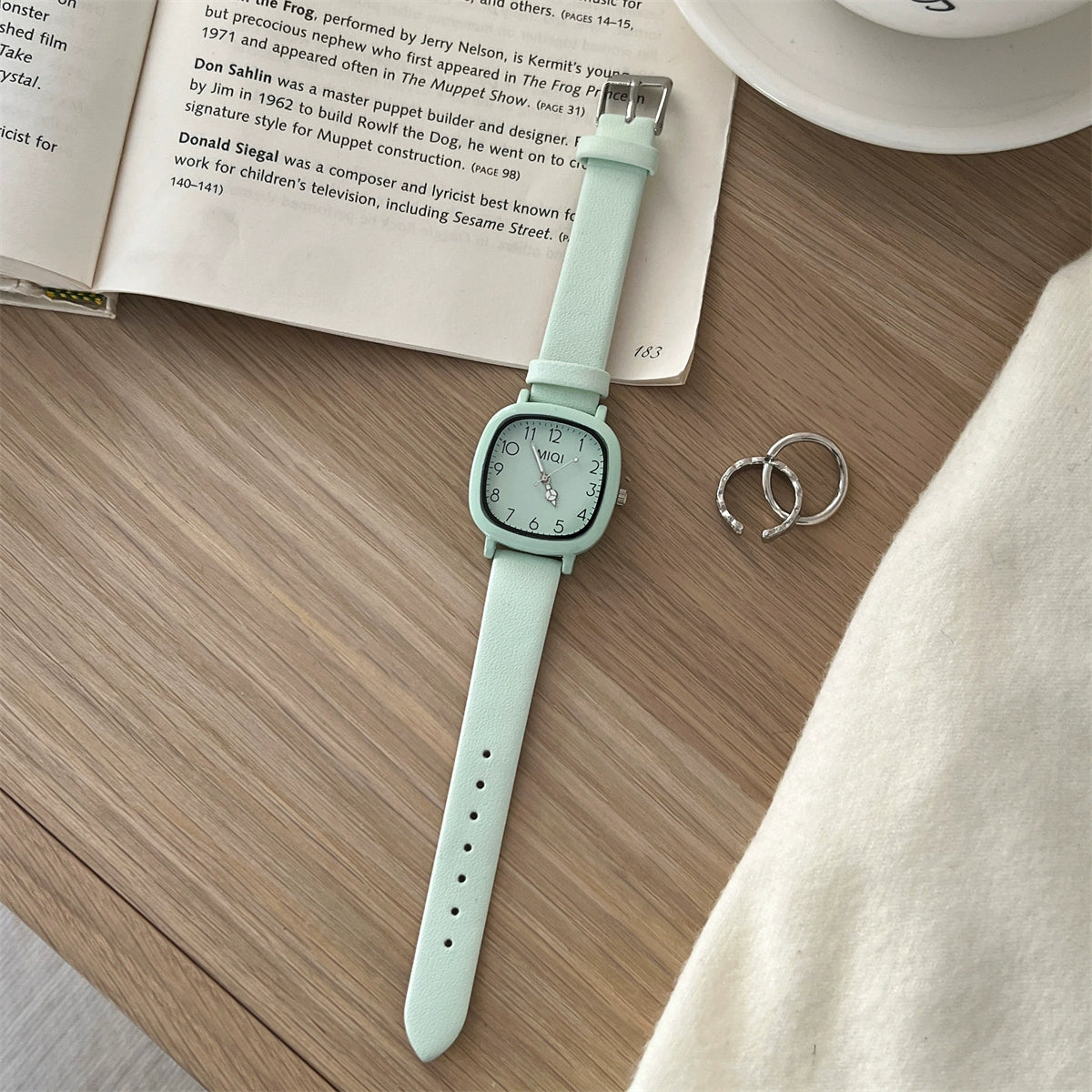 Ariana Modern Square Wrist Watch - Mint Green Full Numbers (Leather Strap) [07JRVK94]