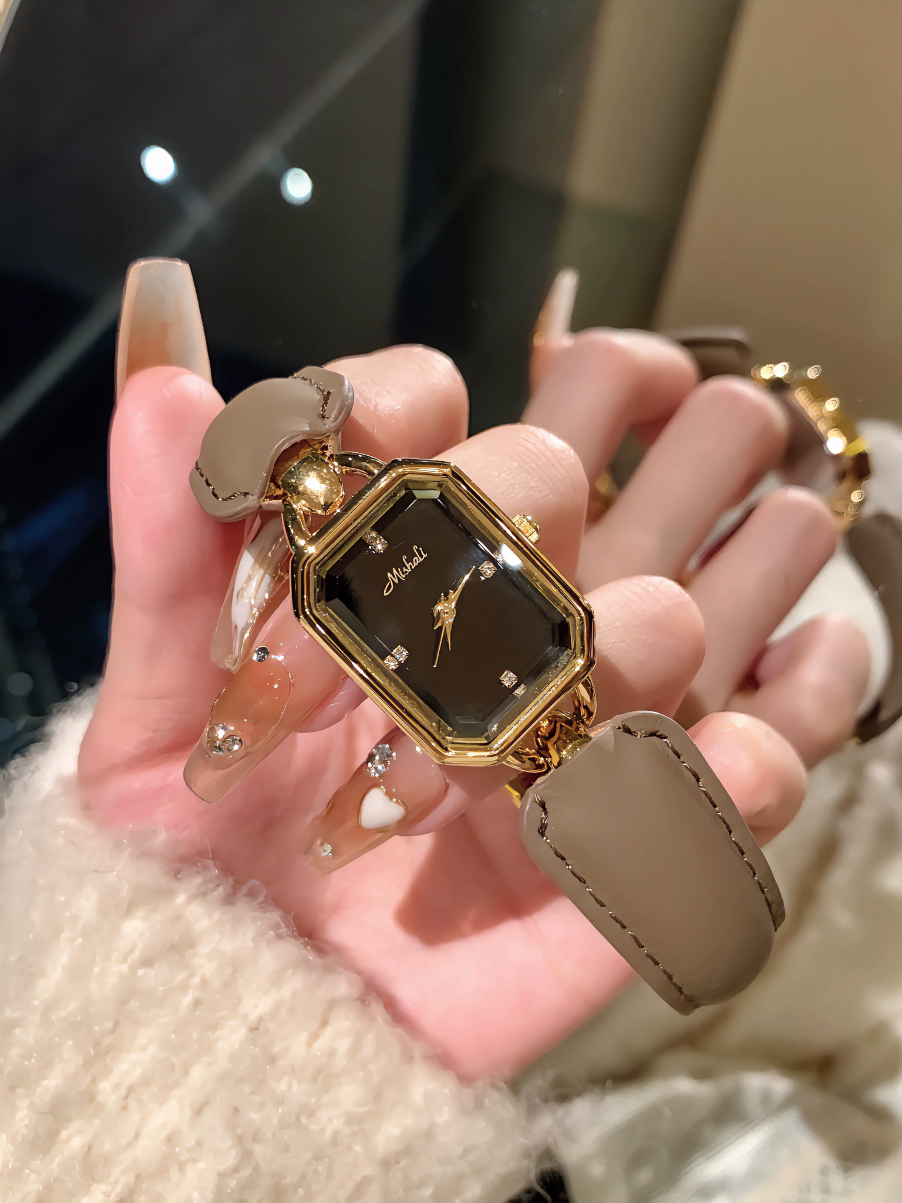 Aurelia Luxe Leather Bracelet Watch - Grey with Black Face