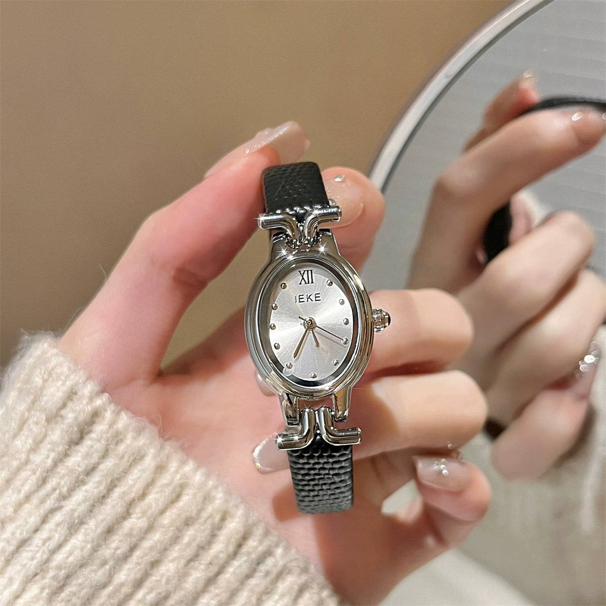 Edna Elegant Oval Watch - Black Strap Silver Frame [M8J40CW1]