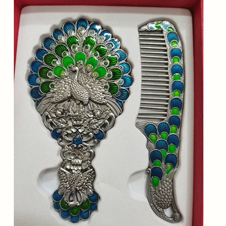 Hillary Vintage Mirror Set - Pewter Spreading Tail Peacock - Red Box