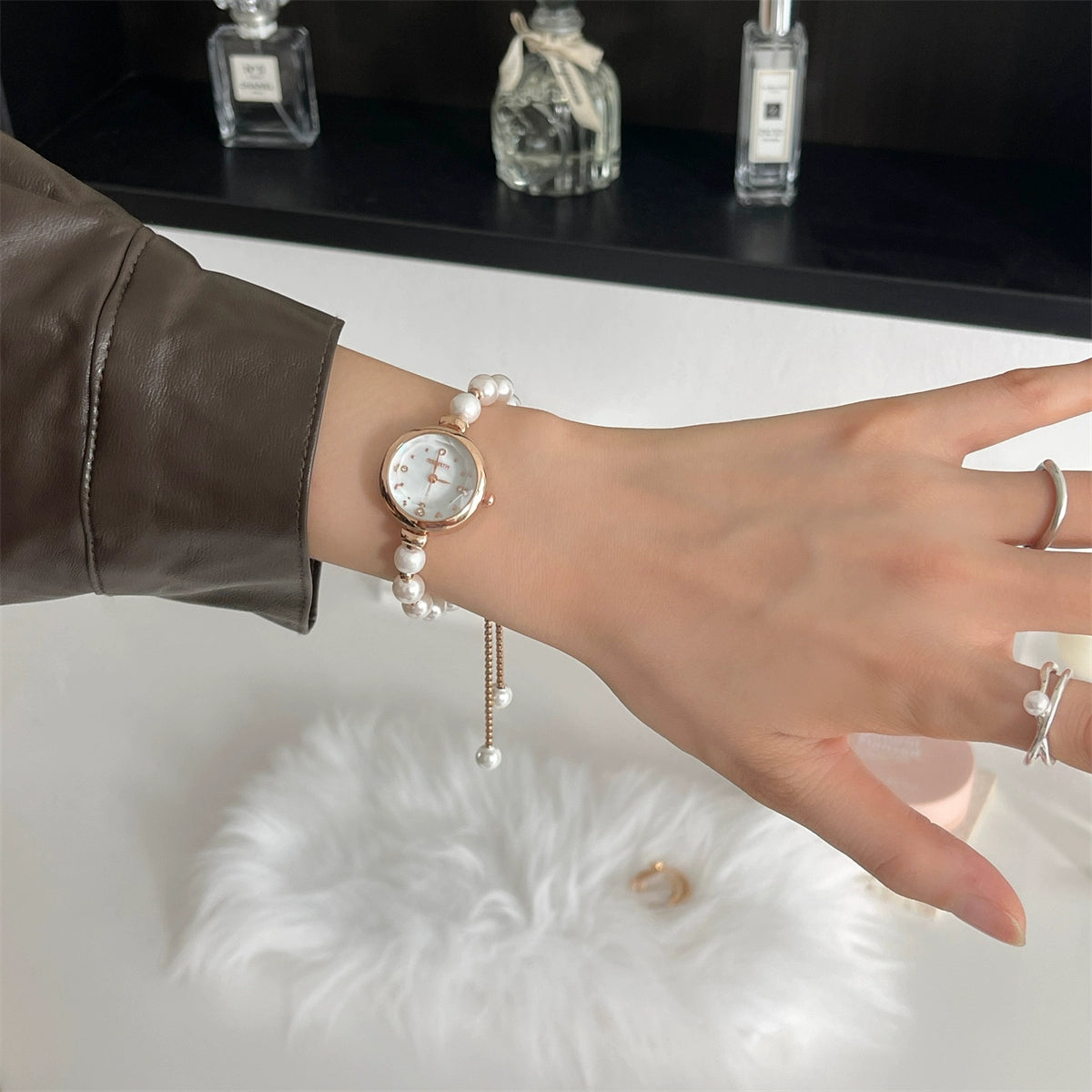 Leylanie Pearl Bracelet Watch - Rose Gold White Face (Adjustable) [319HP13I]