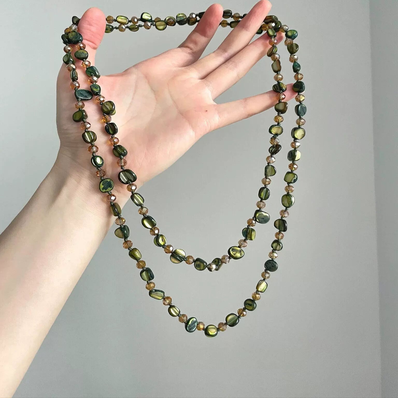 Bayan Green Shell Strand Necklace - Green Shell Crystal Necklace