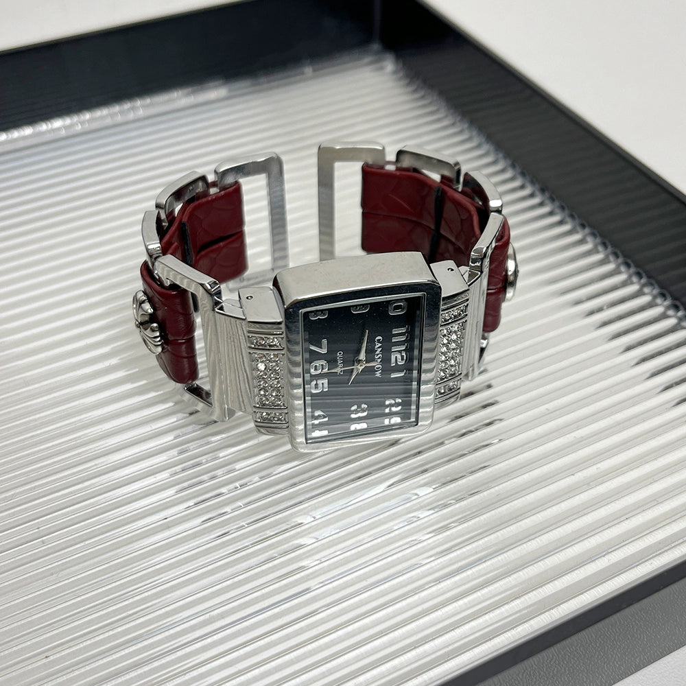 Koda Y2K Leather Cuff Watch - Red Leather Black Dial Bracelet [B97MQ9HQ]