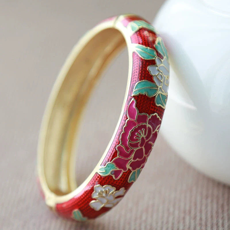 Lana Chinoiserie Floral Bangle - Red (15mm)