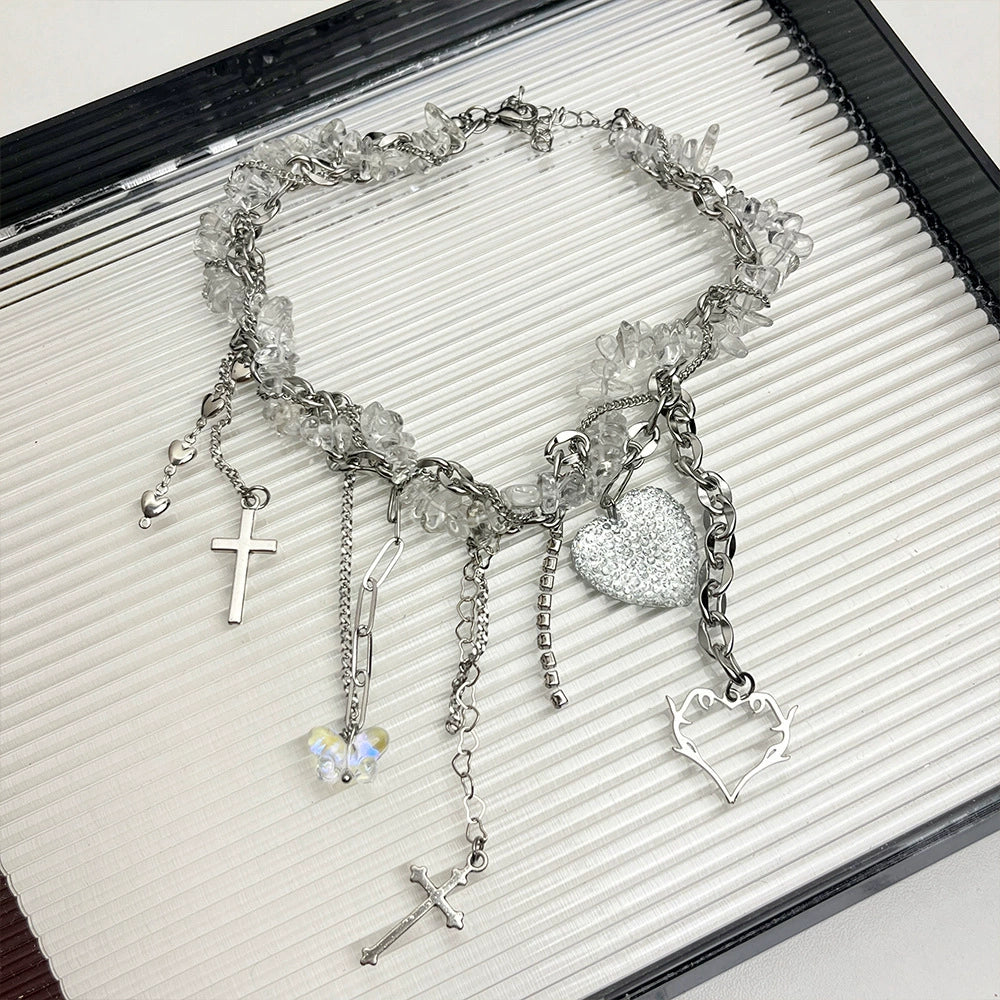 Ayvah Crystal Heart Charm Necklace - Crystal Beaded Wrapped Heart Tassel Necklace [5ZWM1RSF]