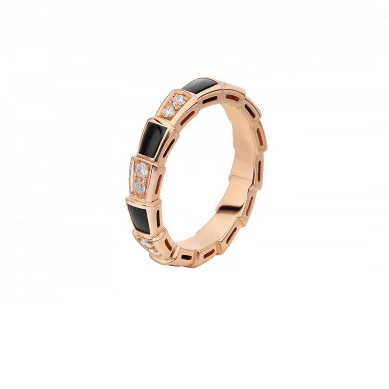 Maylie Serpent Coil Ring - Narrow Rose Gold Black Onyx Diamond Serpent