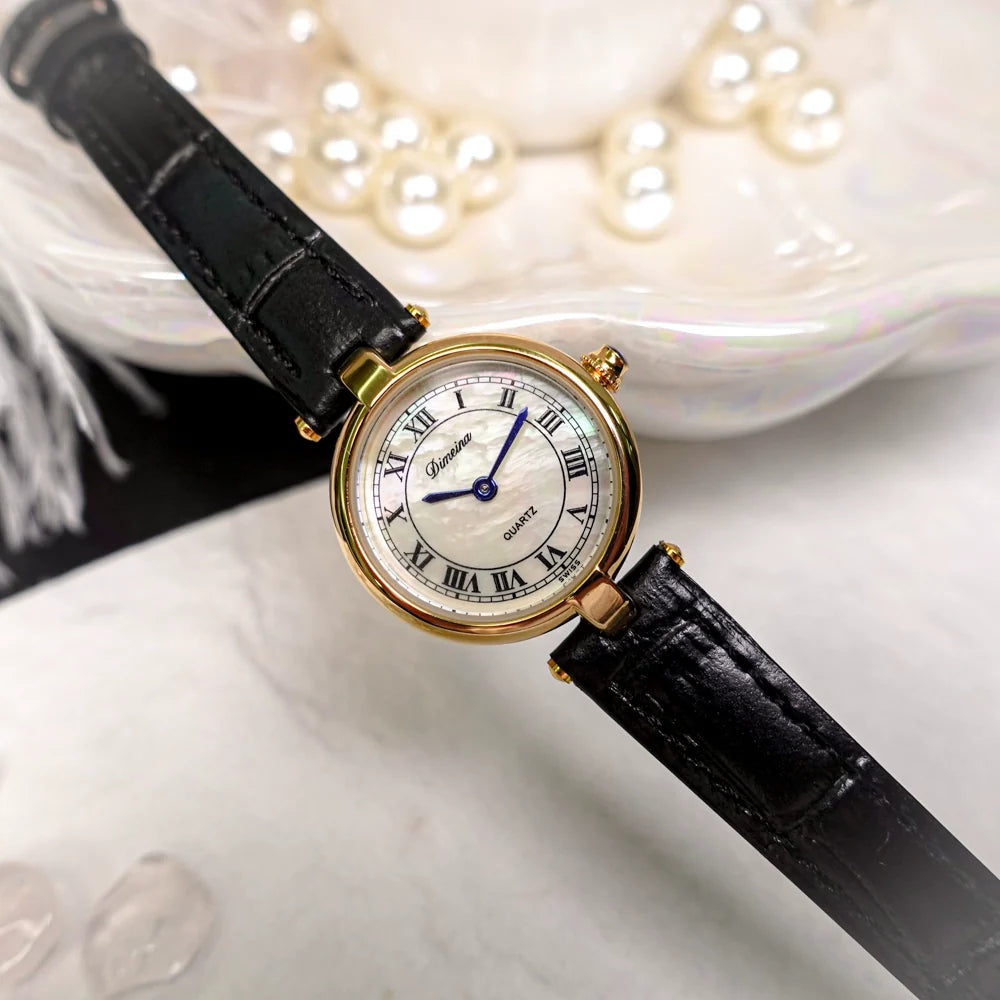Gionna Vintage Square Watch - Gold Black Strap Mother-of-Pearl Dial