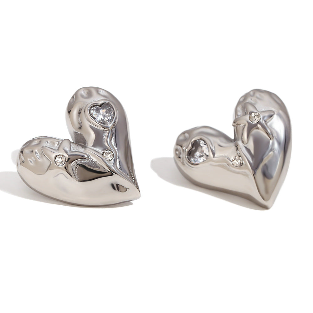 Miliani Irregular Geometric Earrings - Geometric Heart Stud Earrings - Steel - White Diamond [B5DJHUK9]