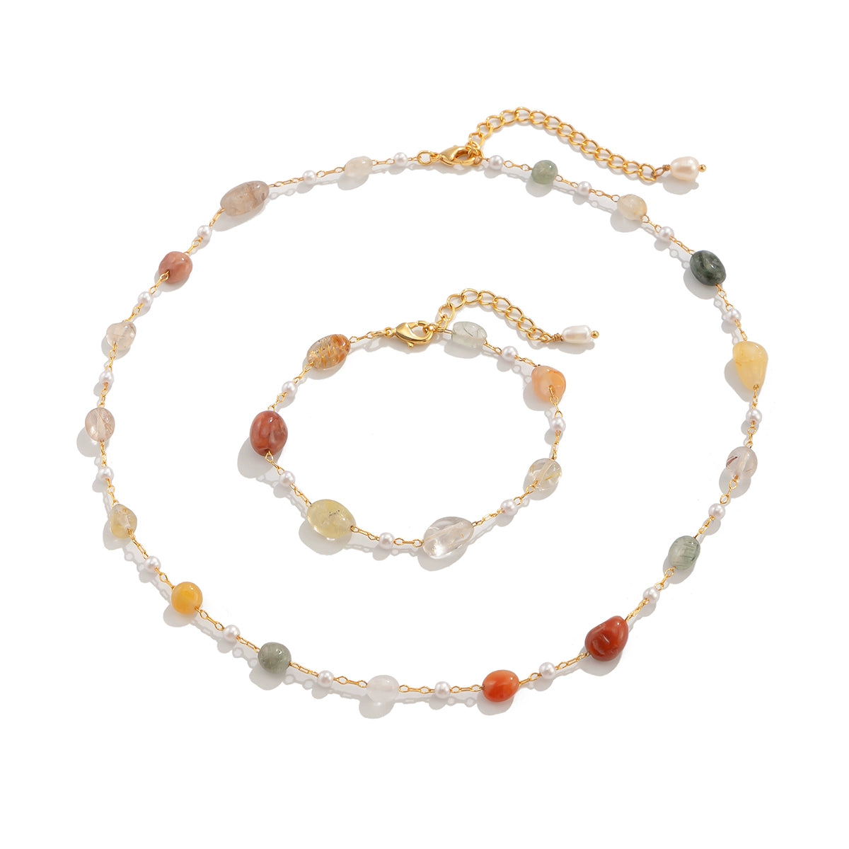Rose Gemstone Beaded Necklace - Mixed Color Natural Stone Necklace + Bracelet Set [H7403OK1]