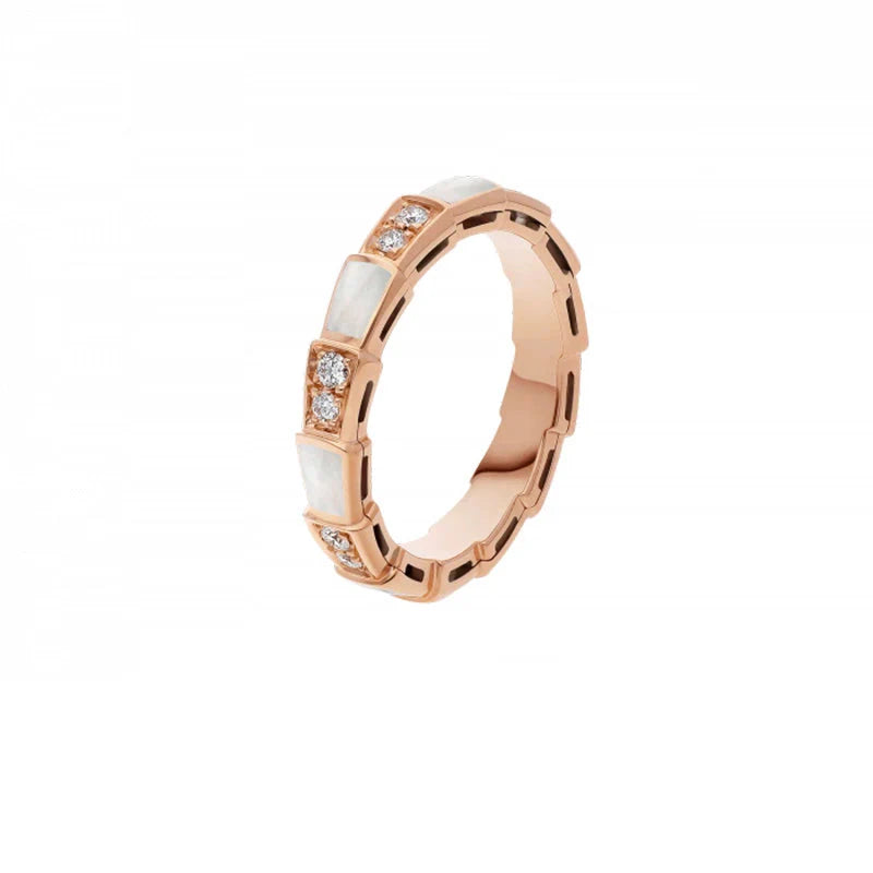 Maylie Serpent Coil Ring - Narrow Rose Gold White Mother-of-Pearl Diamond Serpent