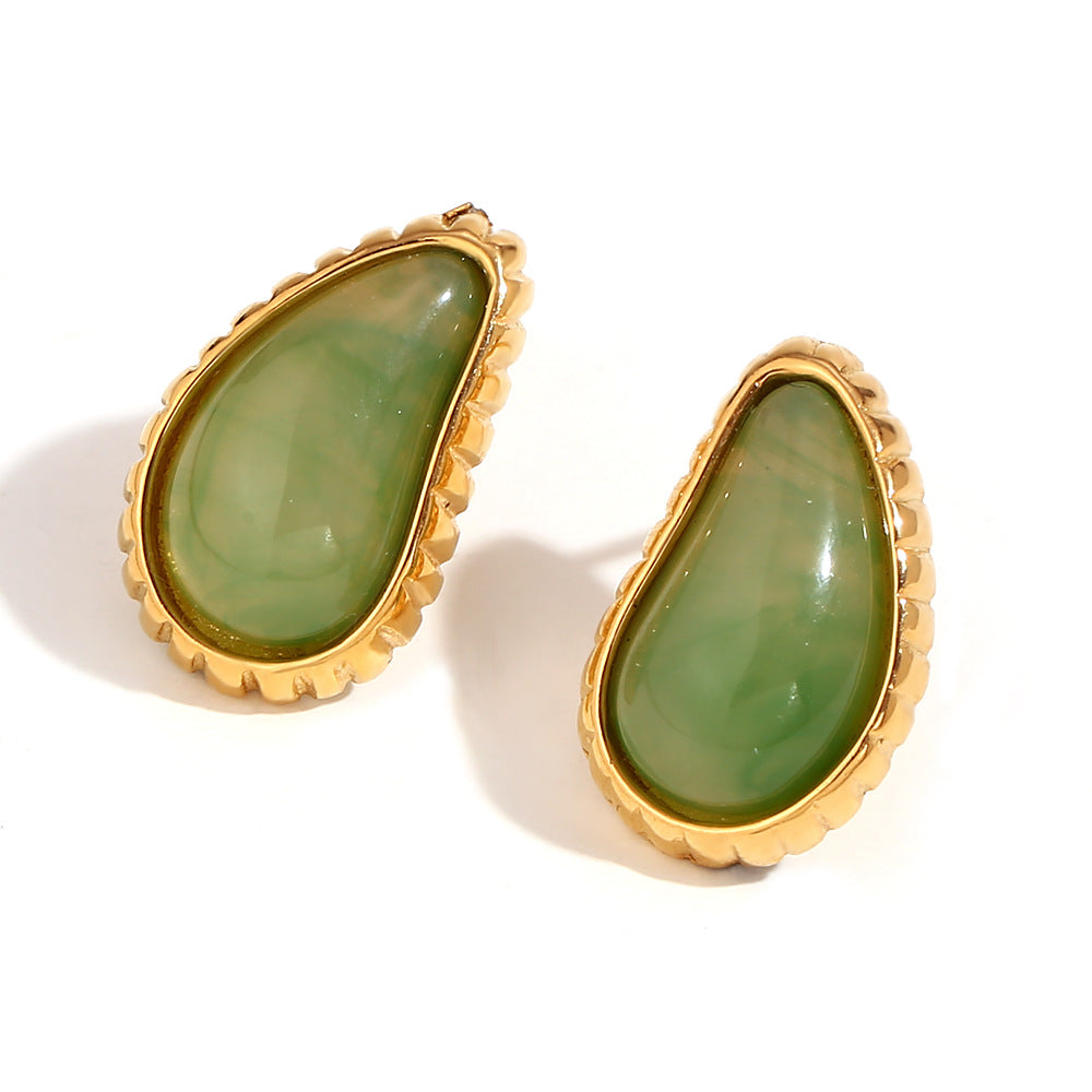 Amberley Hammered Geometric Earrings - Toothed Waterdrop Gemstone Stud Earrings - Gold Light Green [CGZ4NRA4]