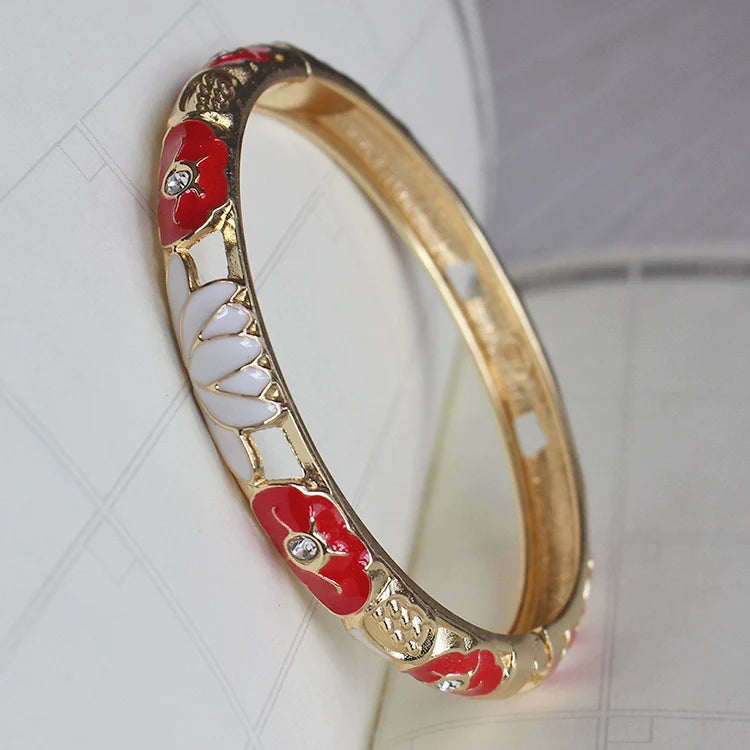 Sunshine Lotus Enamel Bracelet - Red Flower White Lotus