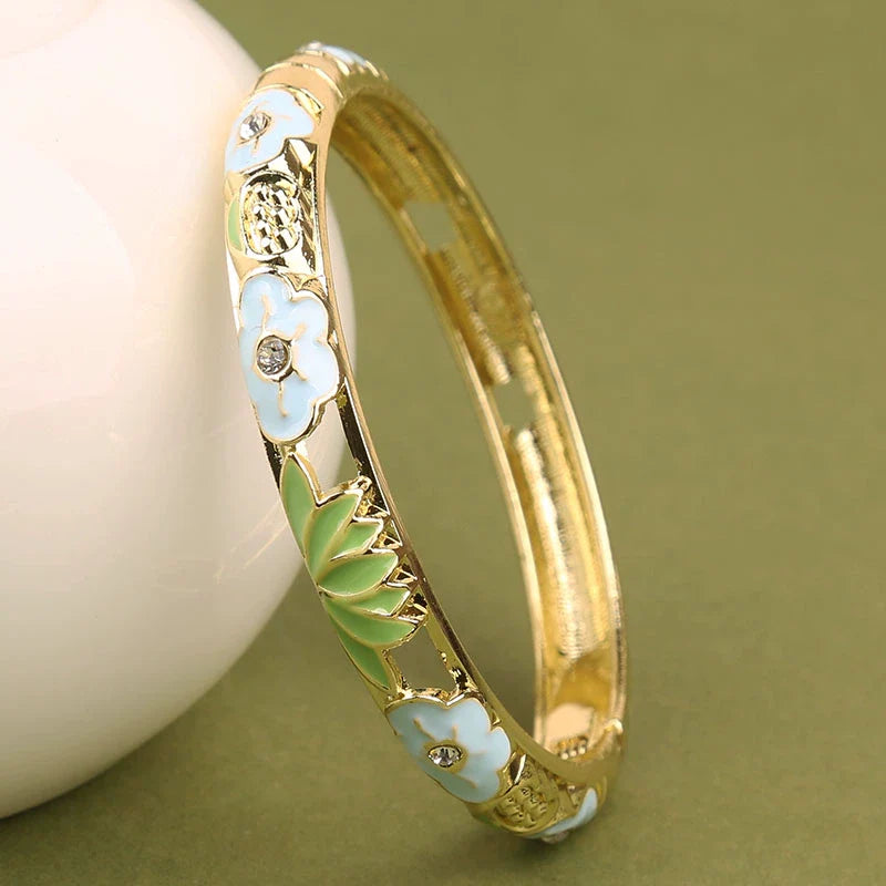 Sunshine Lotus Enamel Bracelet - Sky Blue Flower Green Lotus