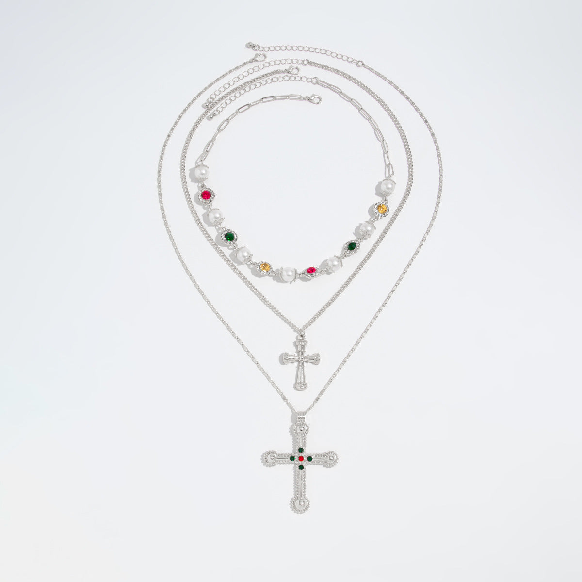 Brayla Layered Pearl Cross Necklace - Silver [Y51VF9UH]