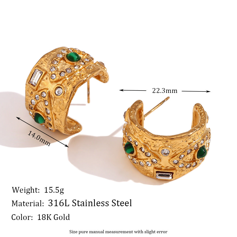 Sarena Malachite Eye Jewelry Set - Malachite Eye Hammered Rhinestone C-Shape Earrings - Gold [ECJOAE5A]