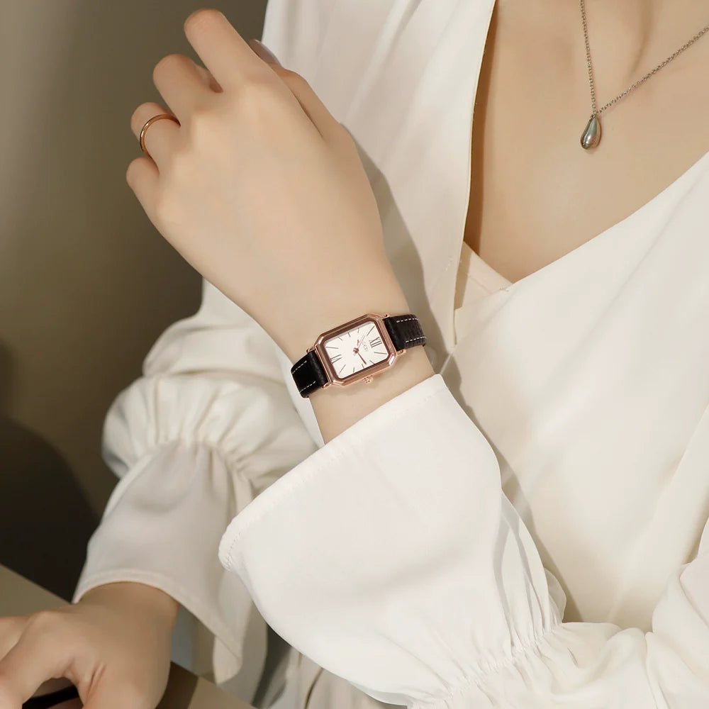 Elize Rectangular Leather Watch - Black Tone