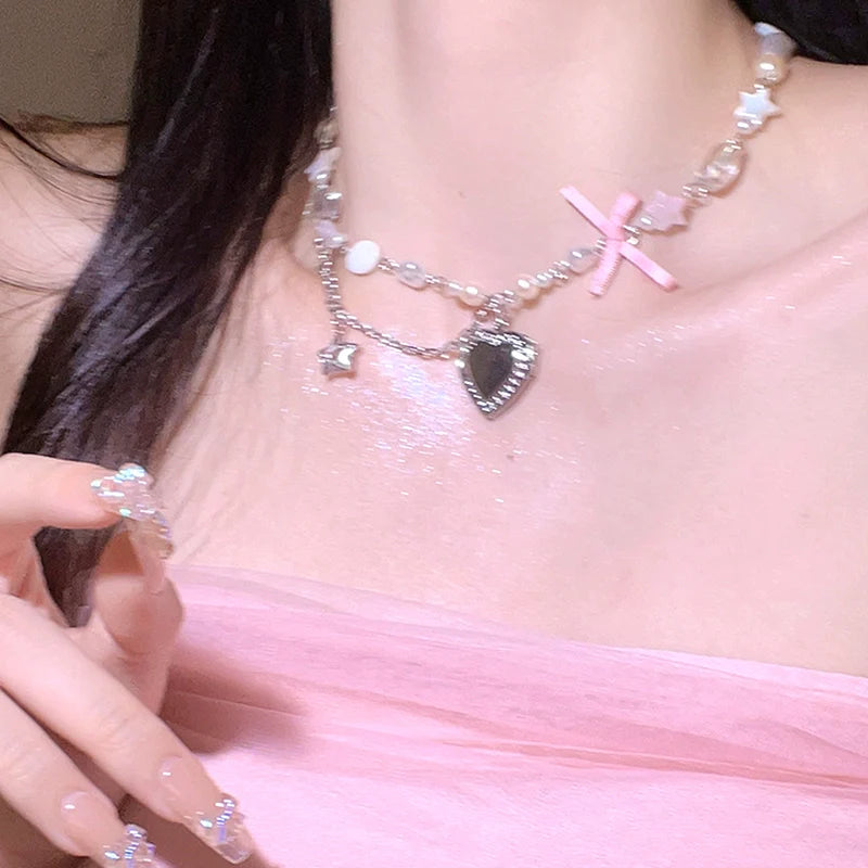 Lemon Y2K Layered Pearl Necklace - Heart Pearl Necklace