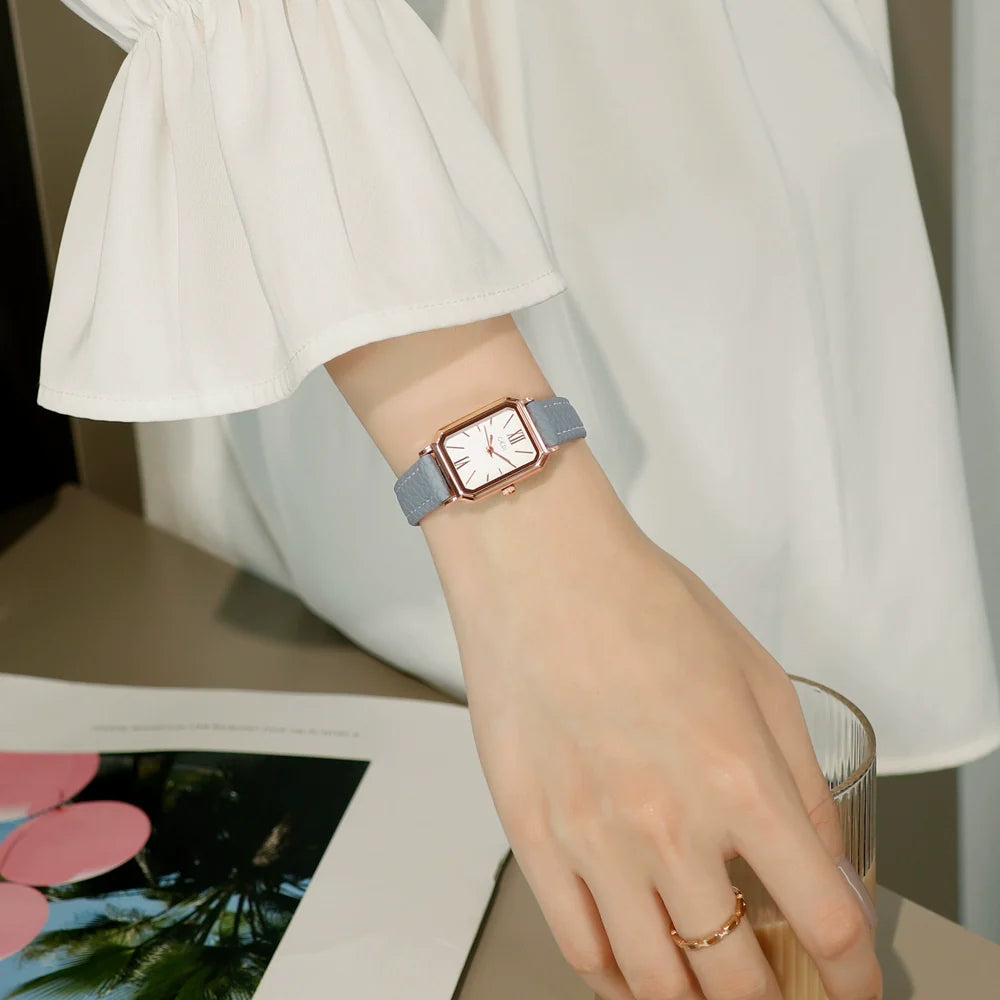 Elize Rectangular Leather Watch - Haze Blue