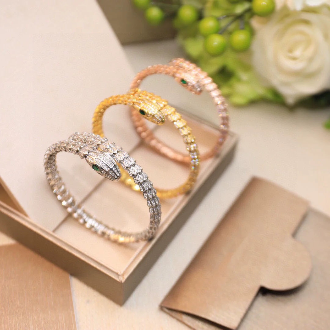 America Diamond Serpent Bracelet - Rose Gold Malachite Full Diamond (Thin)