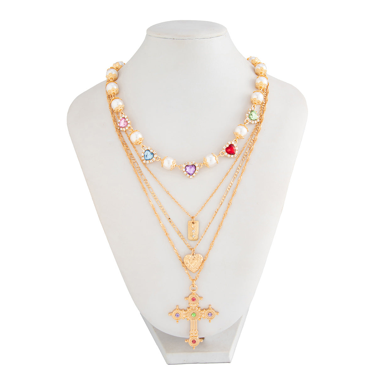 Rylinn Layered Cross Pearl Necklace - Gold [YZQB6OPM]
