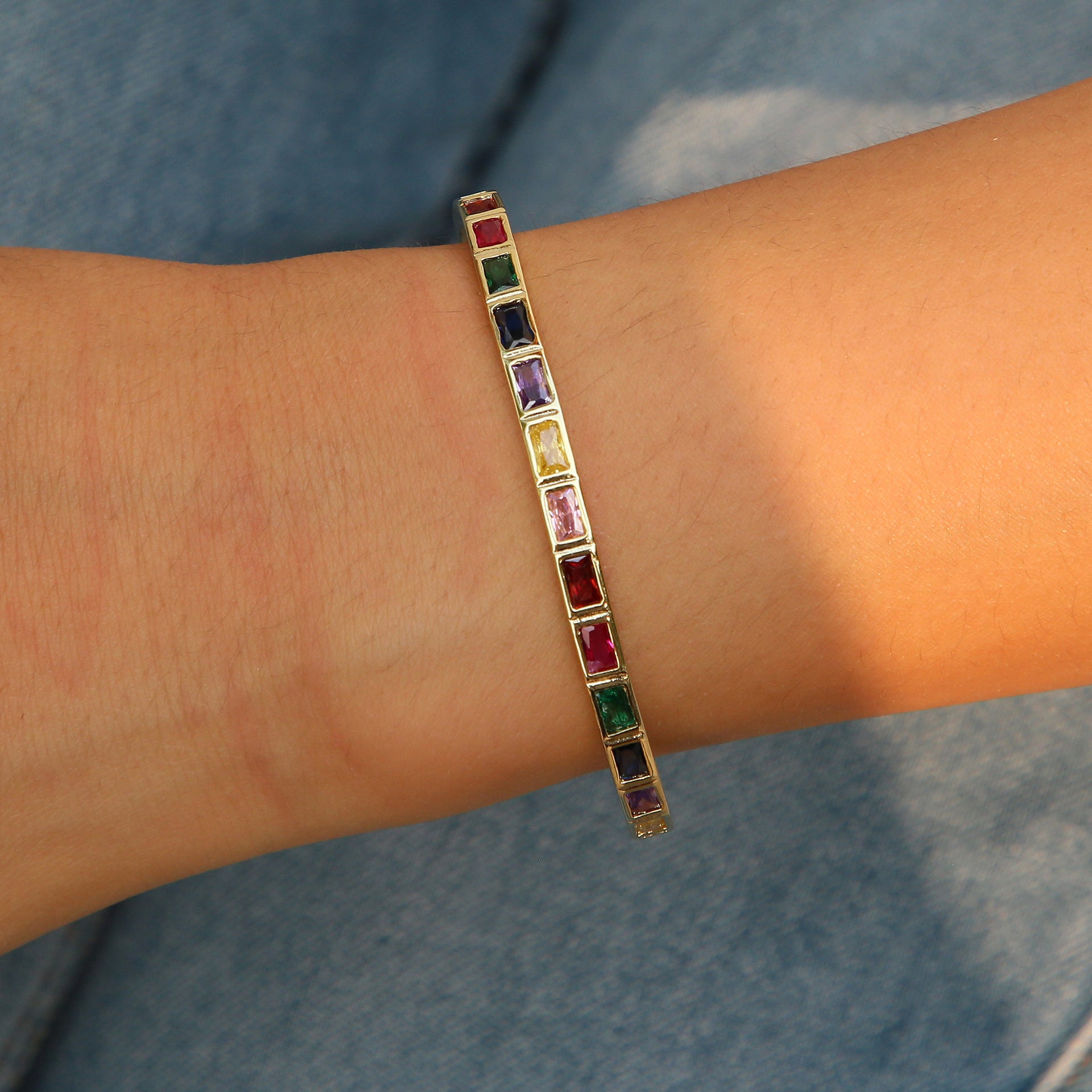 Alianny Zircon Stackable Open Bracelet - Square Multi-color Zircon [9U1P30FP]