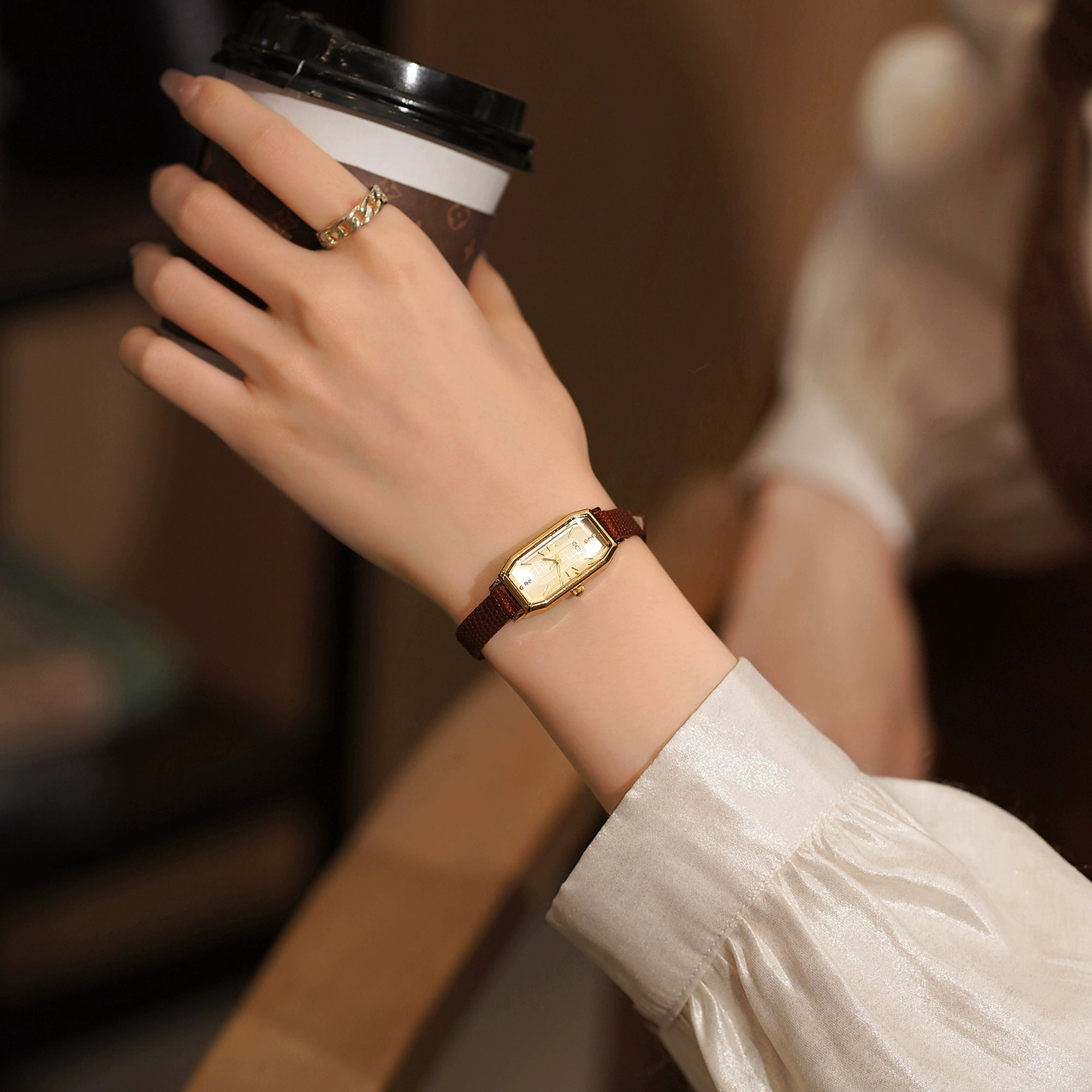 Oaklyn Petite Rectangle Watch - Retro Brown (Leather Strap) [Y7JKZPZI]