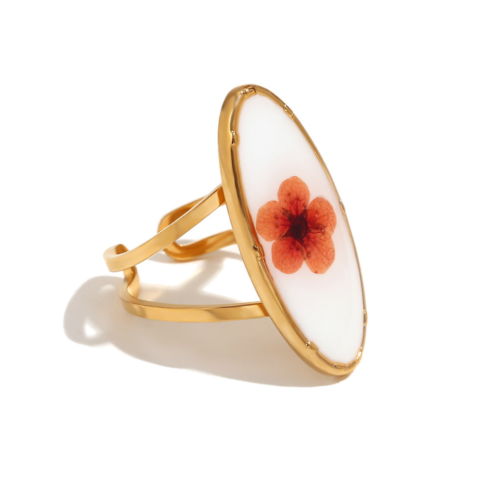 Eniola Vintage Gold Flower Ring - Retro Oval White Base Flower Ring - Gold, Red Flower [0N25FG5H]