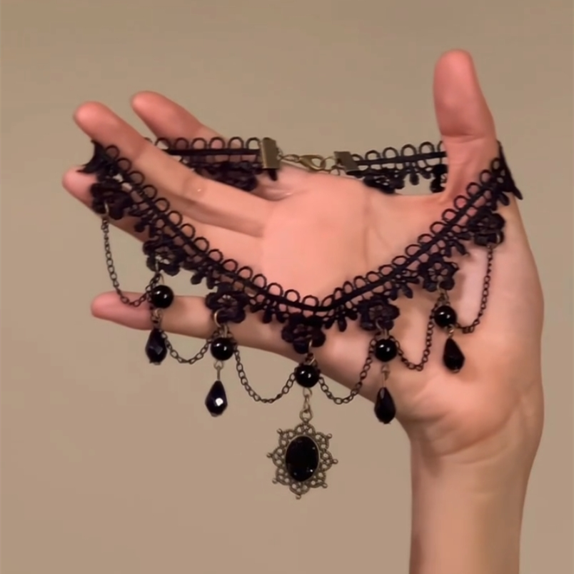 Abella Lace Tassel Choker - Black