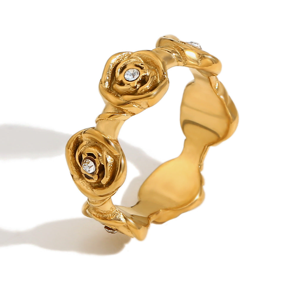 Vicky Gold Hammered Flower Ring - White Diamond Rose Ring - Gold - Size 6 [WVSQFEBB]