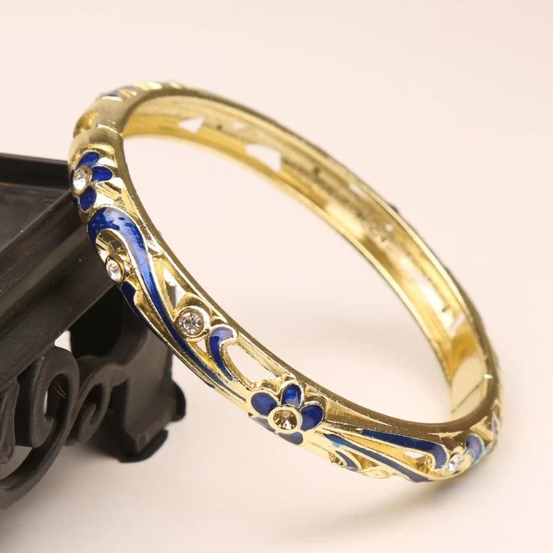 Brook Rhinestone Flower Bangle - Dark Blue
