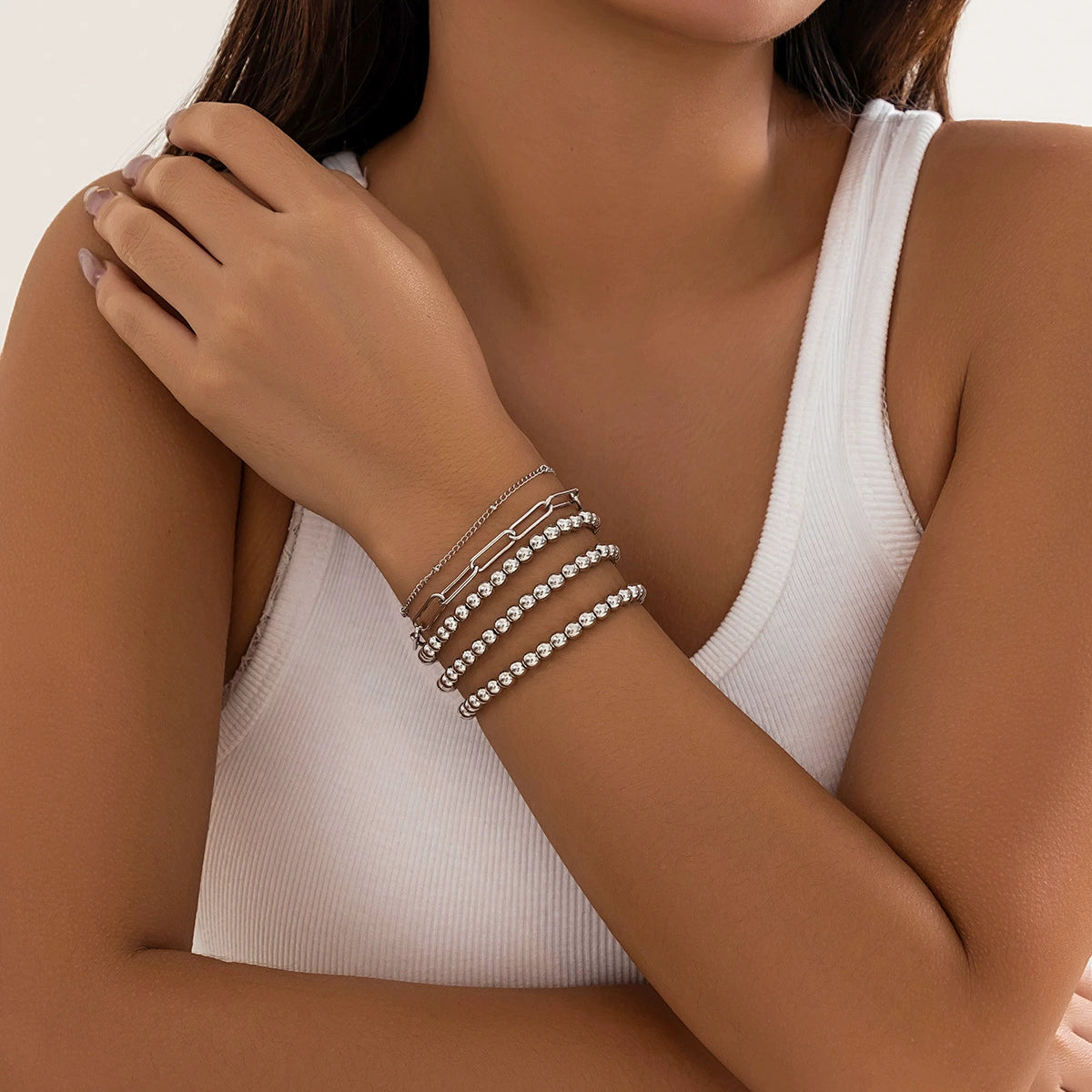 Cattleya Layered Charm Bracelet Set - Silver-tone 5-piece Set (Style 03) [3V7WA6RF]