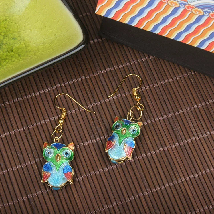 Adia Vintage Enamel Drop Earrings - Owl