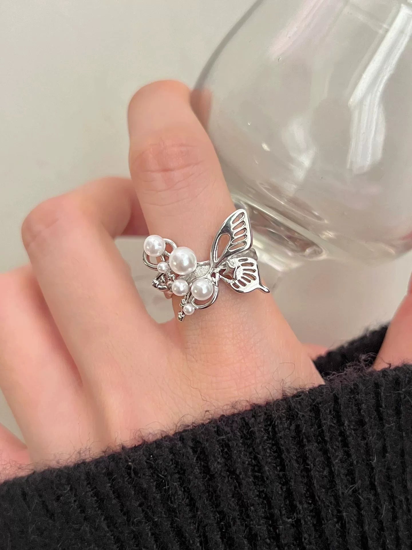 Gladys Pearl Butterfly Open Ring - Pearl Butterfly Ring