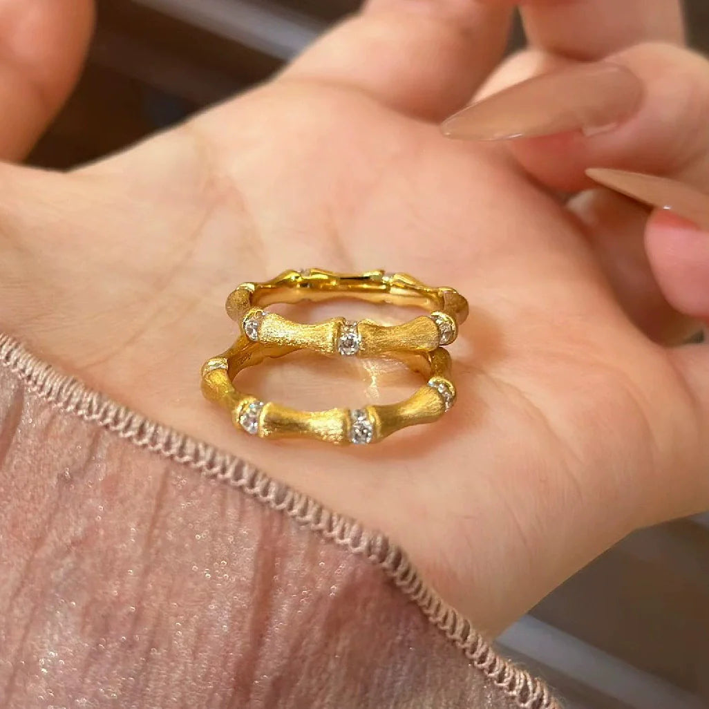 Roselyn Bamboo Sparkle Ring - Gold Bamboo Textured Adjustable Ring