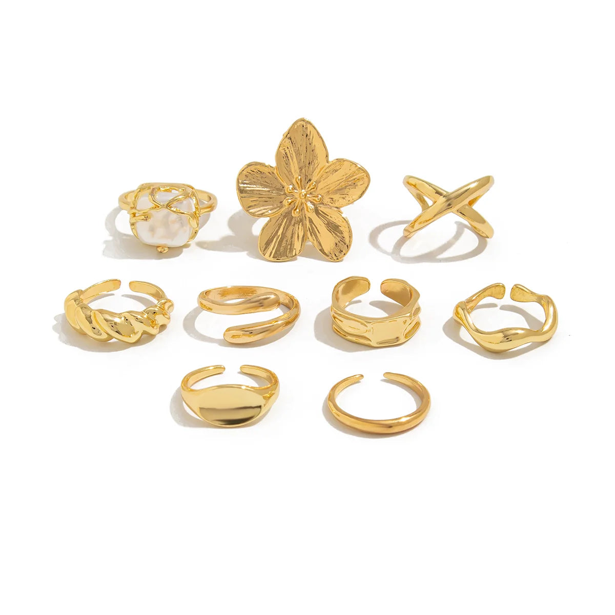 Aadya Floral Open Ring Set - Light Gold