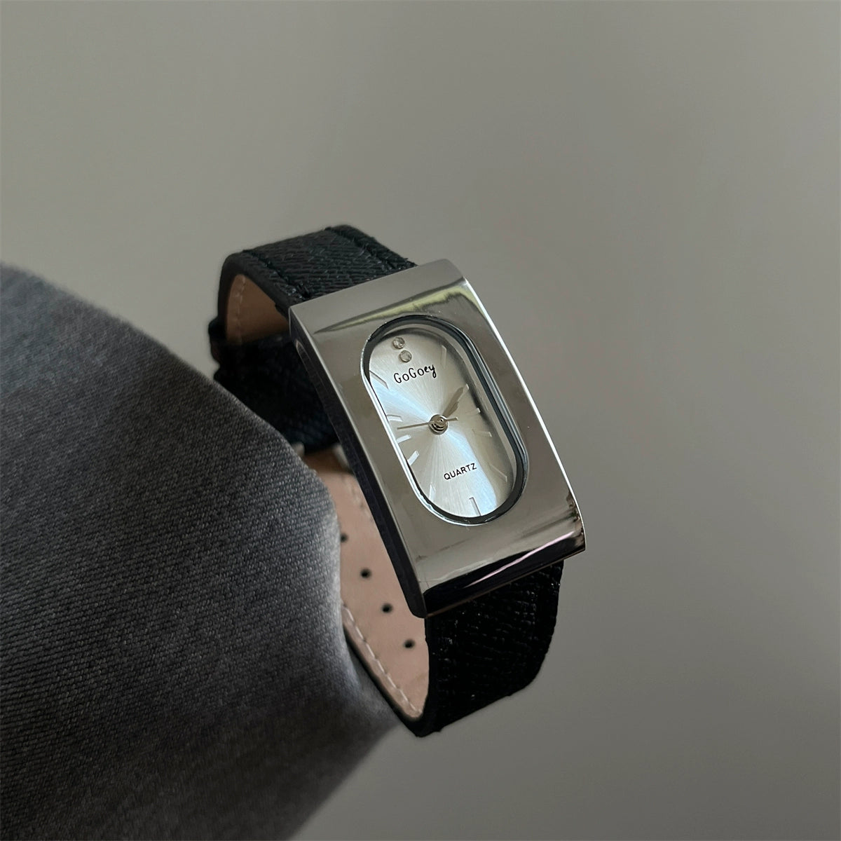 Faiza Retro Square Watch - Black Strap Silver Frame White Face (gogo Steel Case) [3MQCV023]
