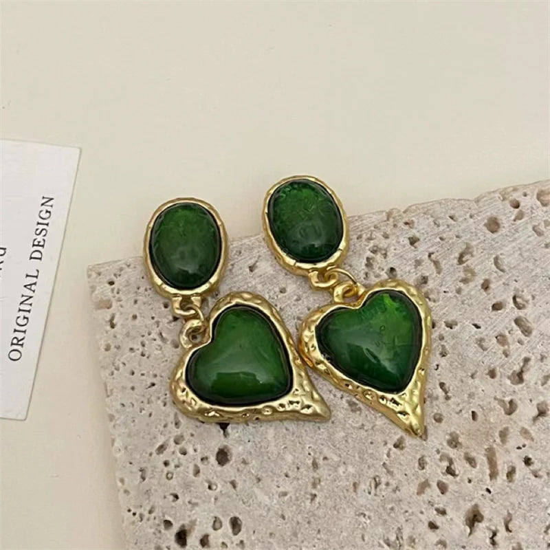 Nadeen Retro Puffed Heart Earrings - Dark Green