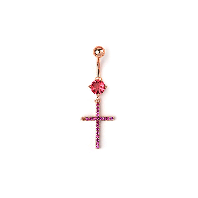 Catherine Zircon Cross Navel Ring - Red (Rose Gold) [1CCWYDQH]