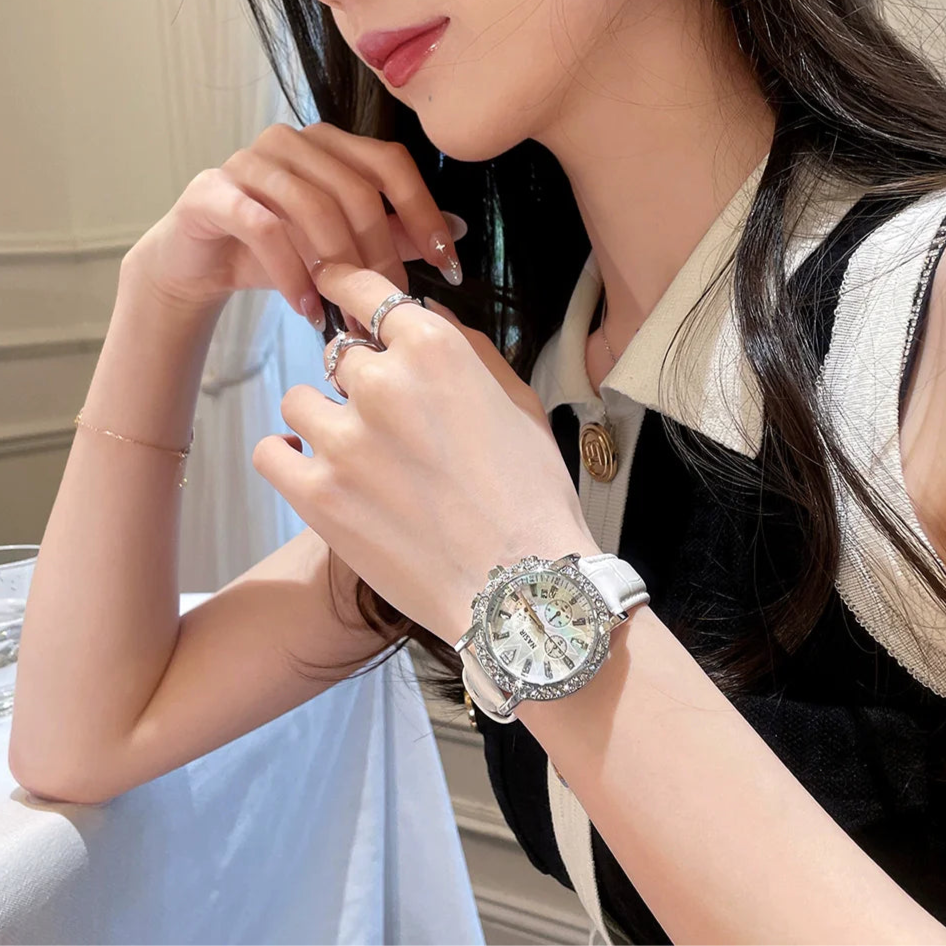 Layana Ceramic Rhinestone Watch - White Leather Strap