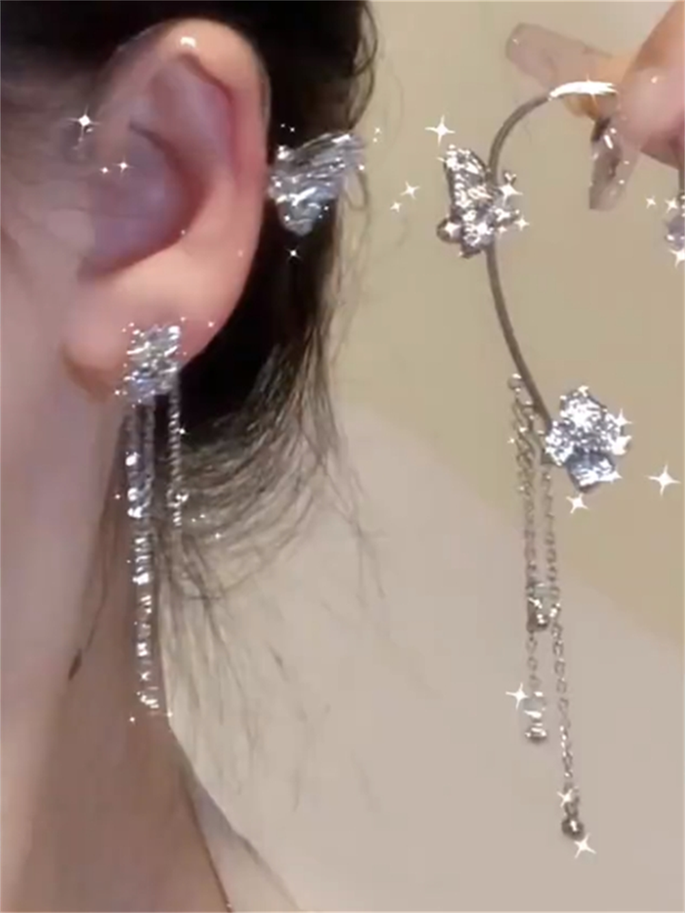 Thais Butterfly Tassel Ear Cuff - Silver Left Ear Cuff