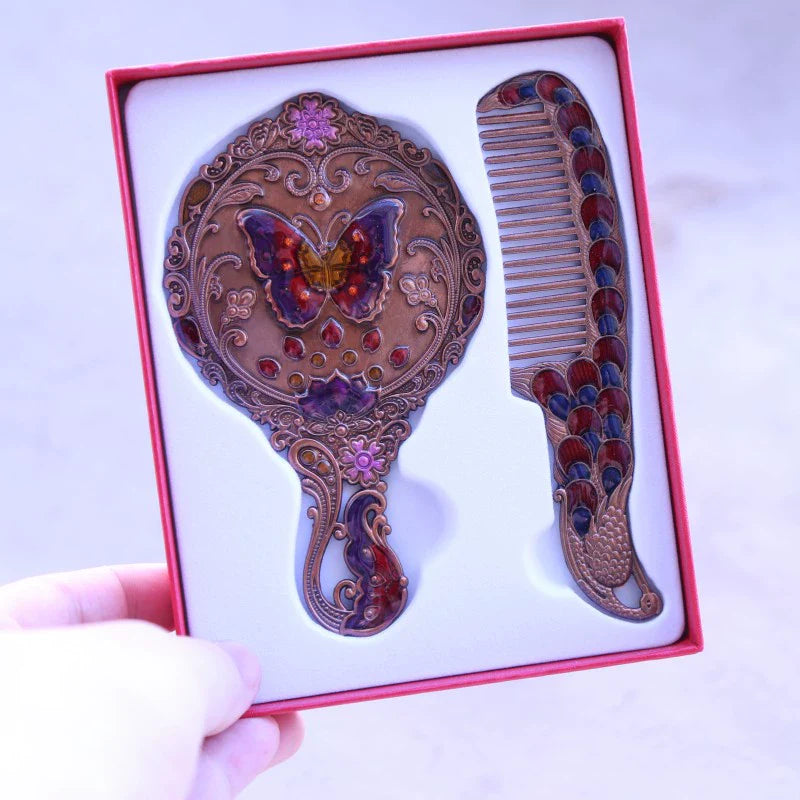 Hillary Vintage Mirror Set - Antique Bronze Butterfly - Red Box